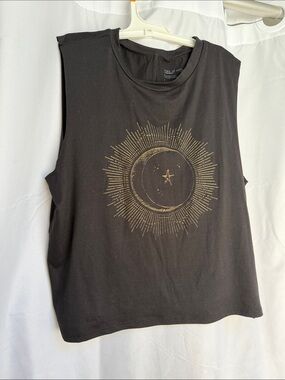 Black Sleeveless Graphic Muscle Tee with Gold Sun & Moon